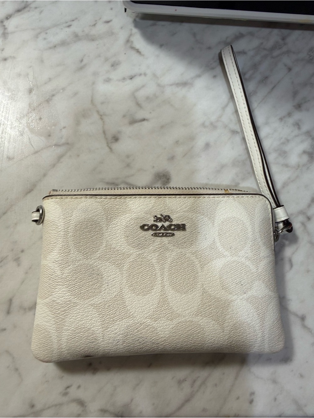 Coach White Signature Wristlet with Silver Logo